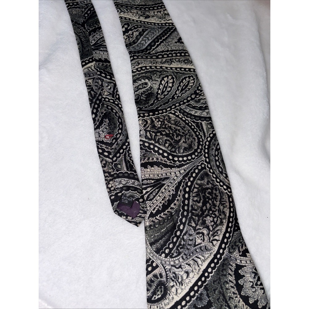 Halston Heritage Men's 100% Silk Woven Paisley Tie - Black‎ & Silver Monochrome